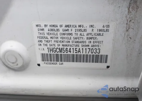 2005 Honda Accord 2.4 Lx z USA, uszkodzony, nr VIN 1HGCM56415A117033